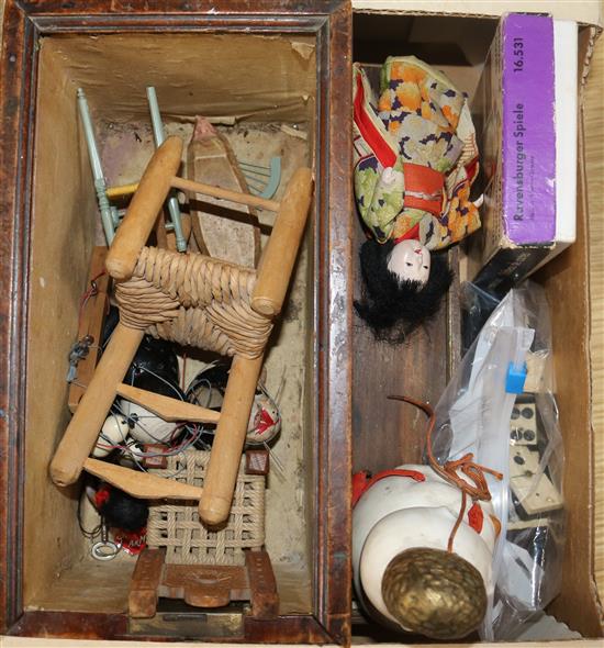 A set of dominoes, Japanese dolls etc